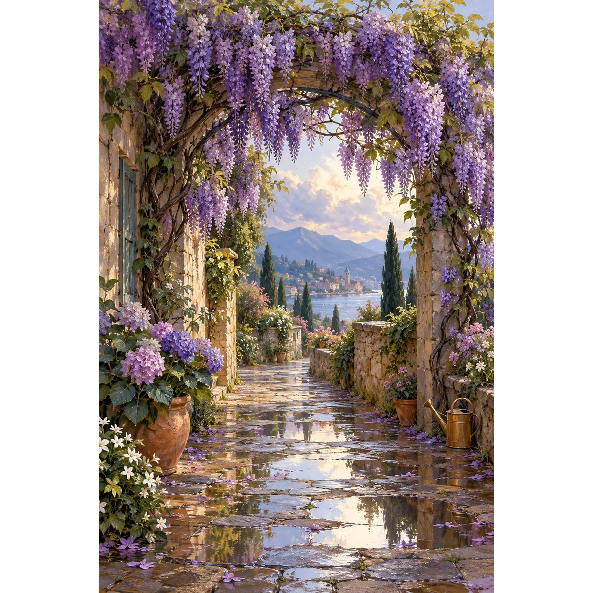 Completed Wisteria Arch After Rain artwork with purple wisteria, reflective stone path, lake, and mountains on a clean white background