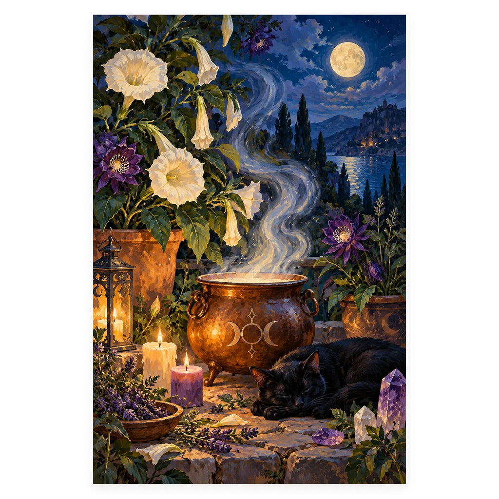 A copper cauldron steams among moonlit white flowers and purple herbs while a black cat rests beside glowing candles. Complete original artwork centered on a white square with original proportions preserved.