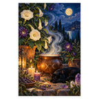 A copper cauldron steams among moonlit white flowers and purple herbs while a black cat rests beside glowing candles. Complete original artwork centered on a white square with original proportions preserved.