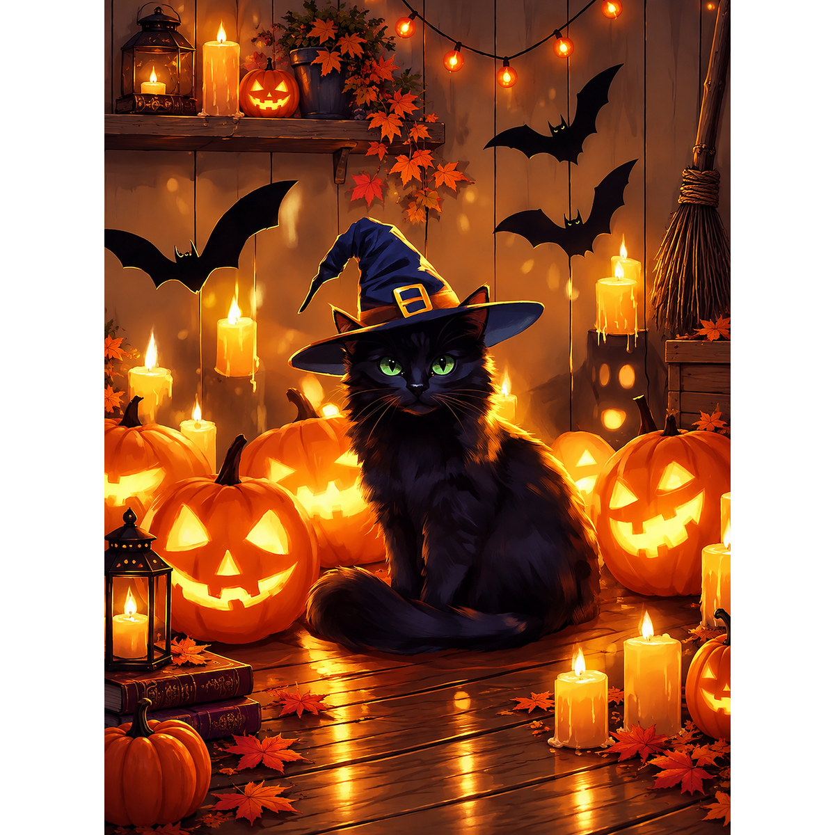 Witch Halloween Companion Black Cat paint by numbers original artwork
