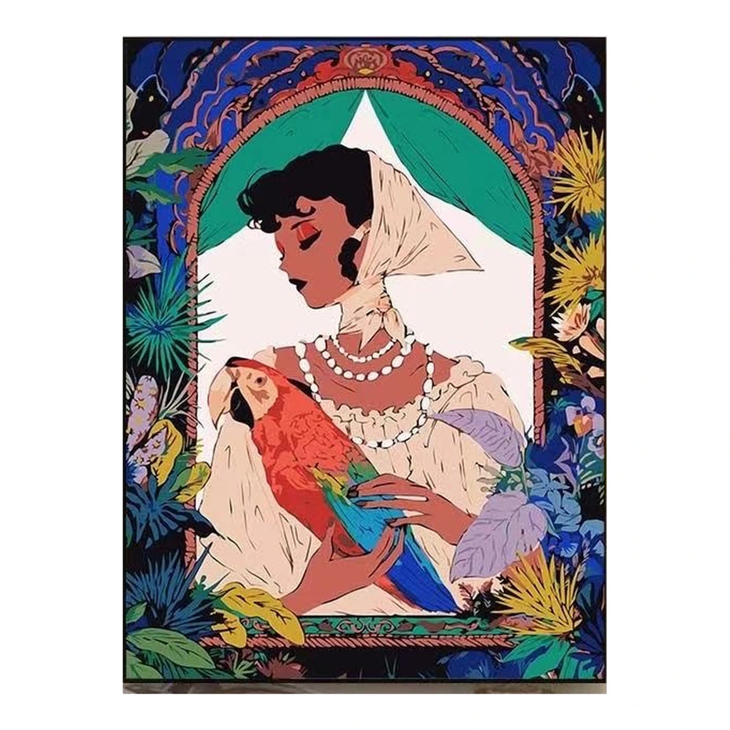 Woman With Parrot Floral Arch completed artwork on a clean white background