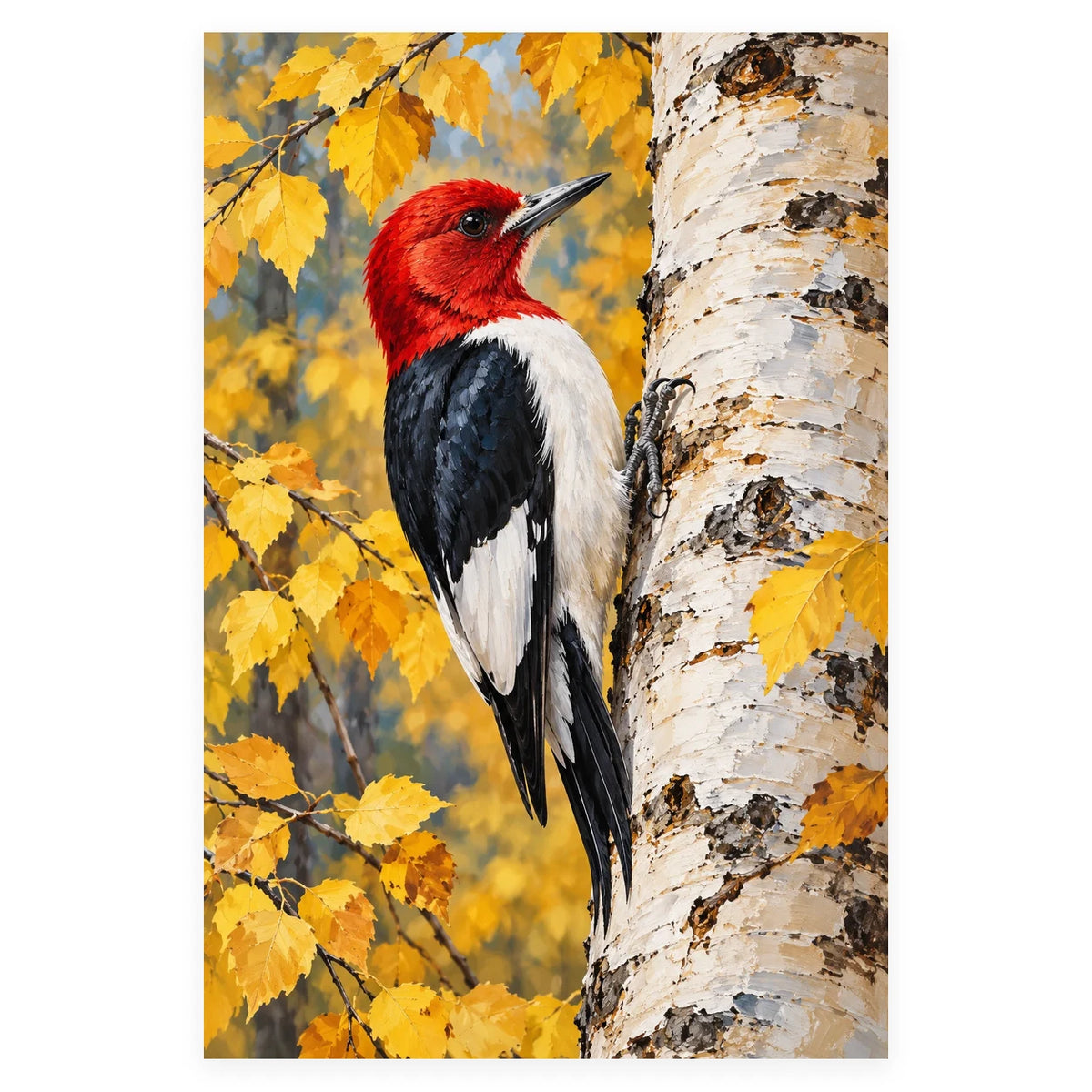 Woodpecker on a Birch Trunk completed artwork on a clean white background