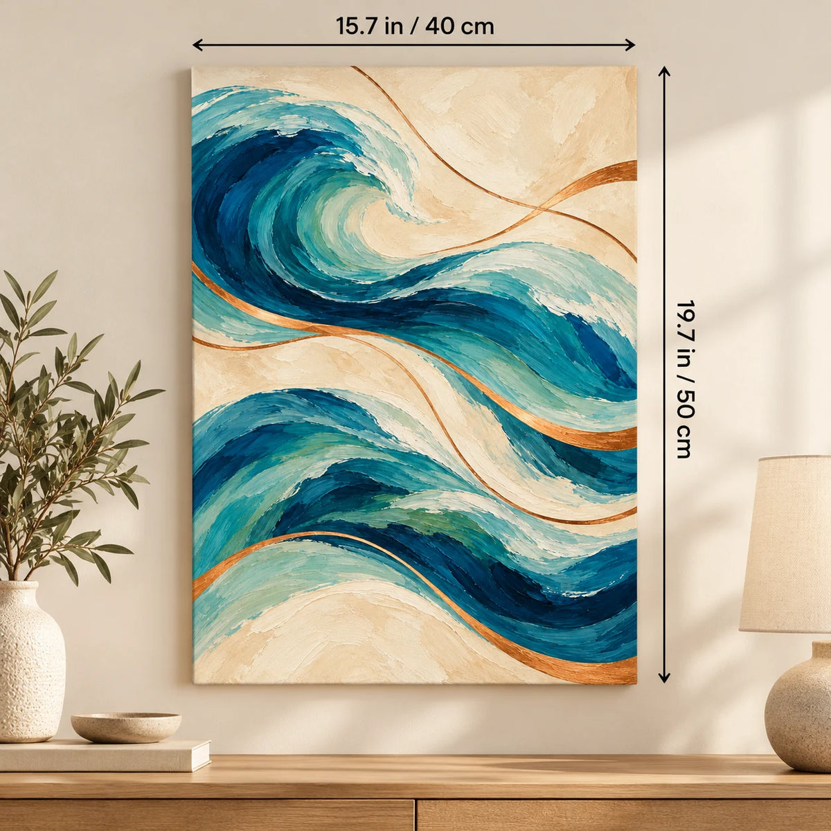 Portrait size guide for the Abstract Waves Copper Lines paint by numbers kit, 15.7 × 19.7 in (40 × 50 cm).