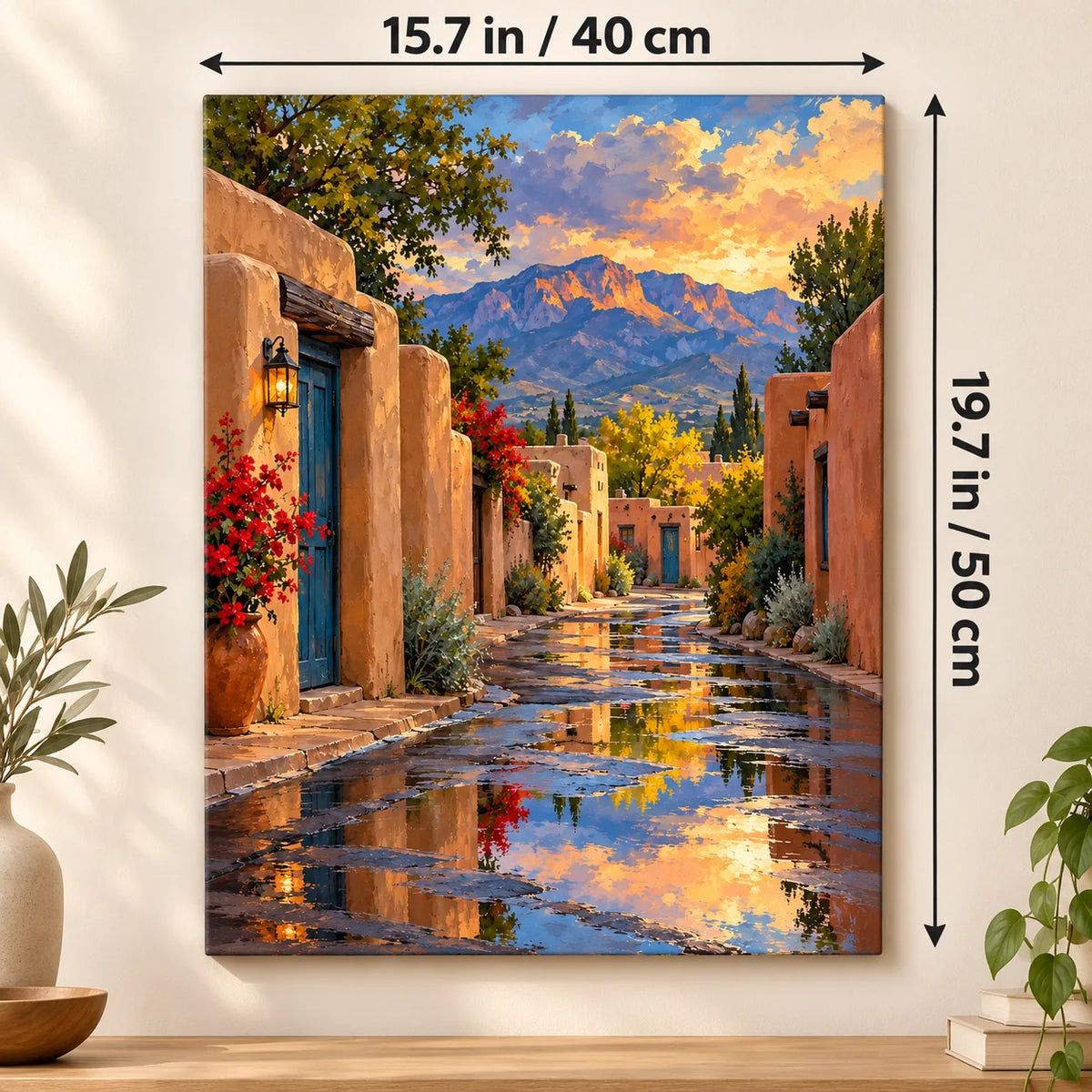 `03-albuquerque-adobe-street-size-guide.webp` — Portrait size guide for the Albuquerque adobe street paint by numbers canvas, 15.7 × 19.7 in (40 × 50 cm).