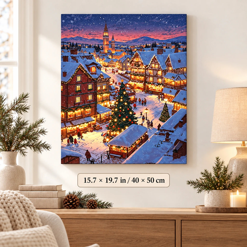 Alpine Christmas Market paint by numbers canvas displayed in a bright living room, 15.7 × 19.7 in / 40 × 50 cm