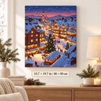 Alpine Christmas Market paint by numbers canvas displayed in a bright living room, 15.7 × 19.7 in / 40 × 50 cm