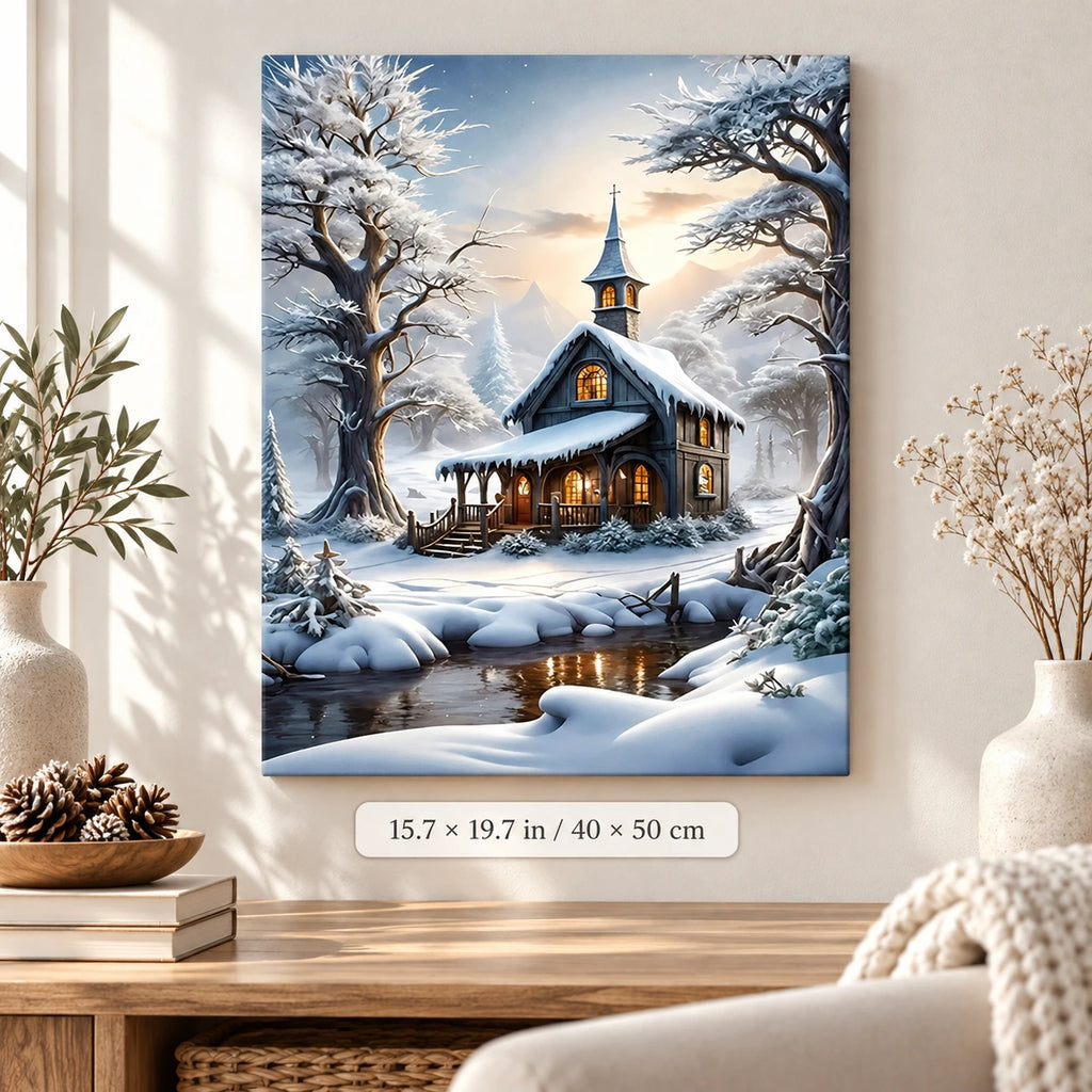 Amber Windows in Winter paint by numbers canvas displayed in a bright living room, 15.7 × 19.7 in / 40 × 50 cm