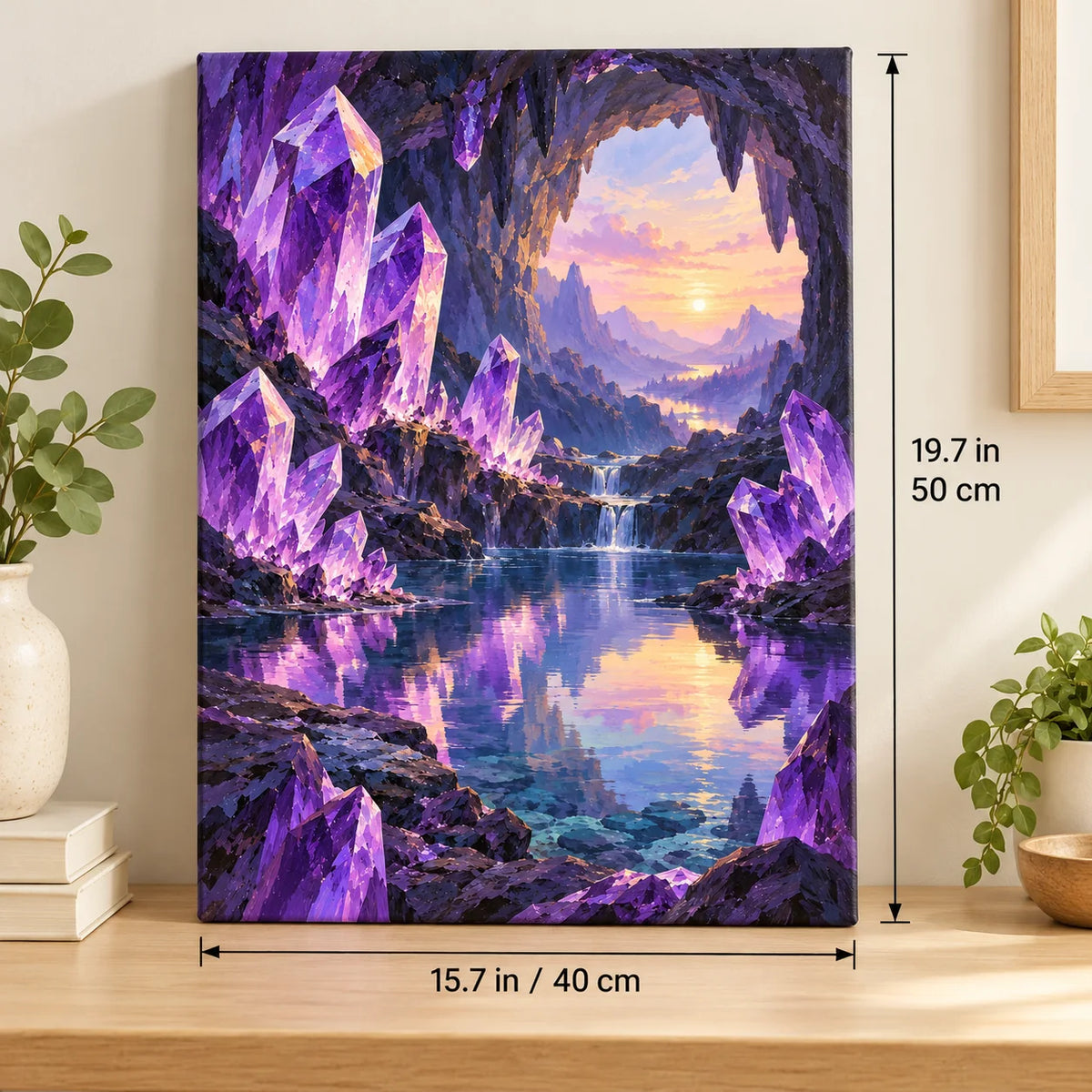 Portrait size guide for the Amethyst Crystal Cave Waterfall paint by numbers kit, 15.7 × 19.7 in (40 × 50 cm).