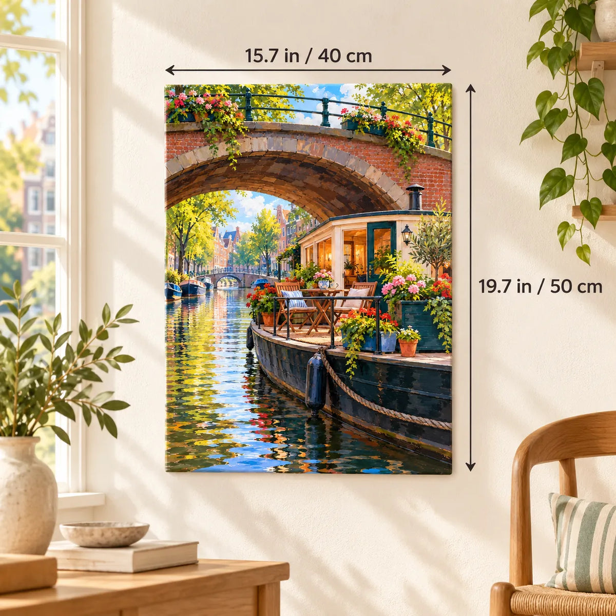 `03-amsterdam-houseboat-flower-deck-size-guide.webp` — Portrait size guide for the Amsterdam Houseboat Flower Deck paint by numbers kit, 15.7 × 19.7 in (40 × 50 cm).