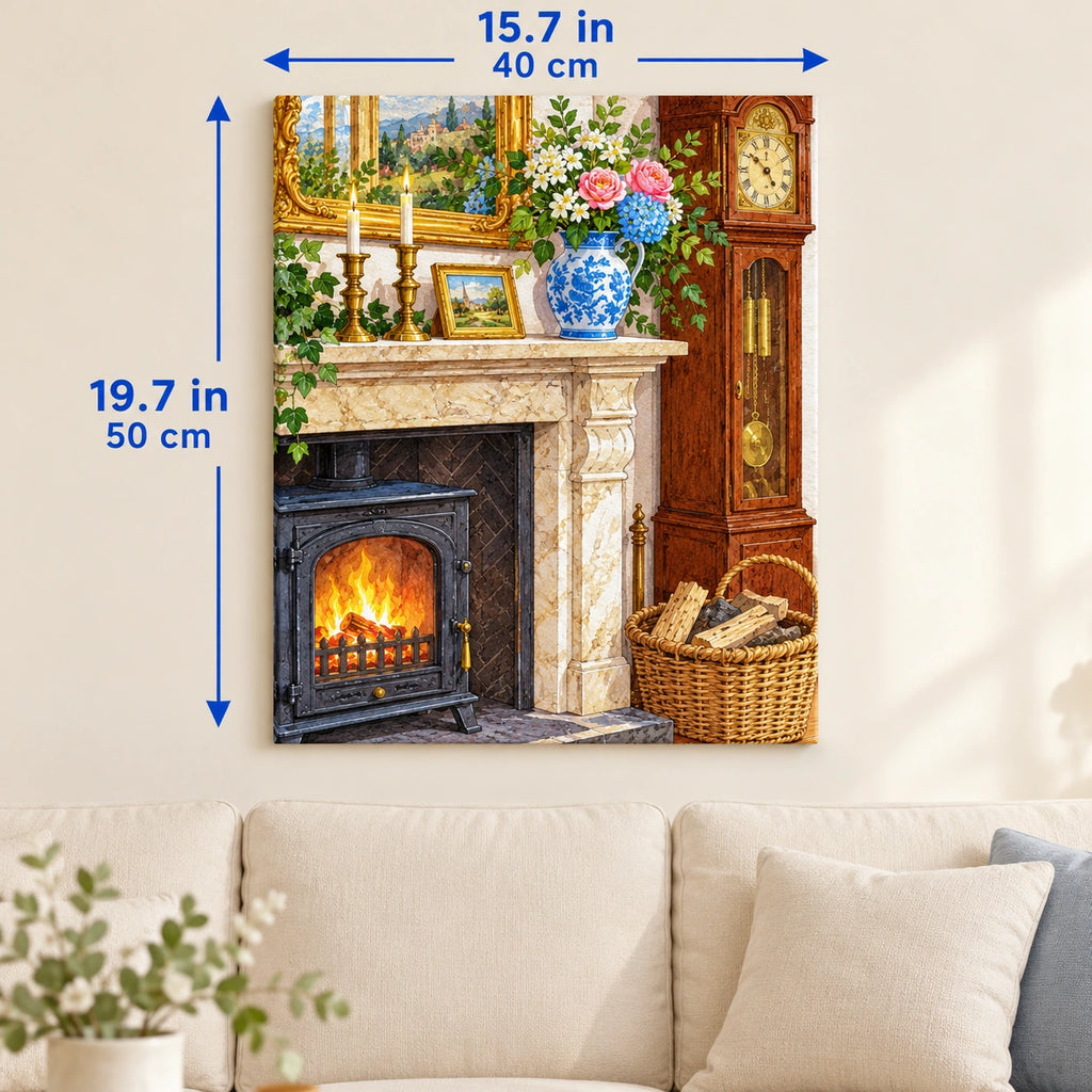 Antique Fireplace Clock with Pink Roses and Blue Vase canvas in a styled room, 15.7 × 19.7 in / 40 × 50 cm.