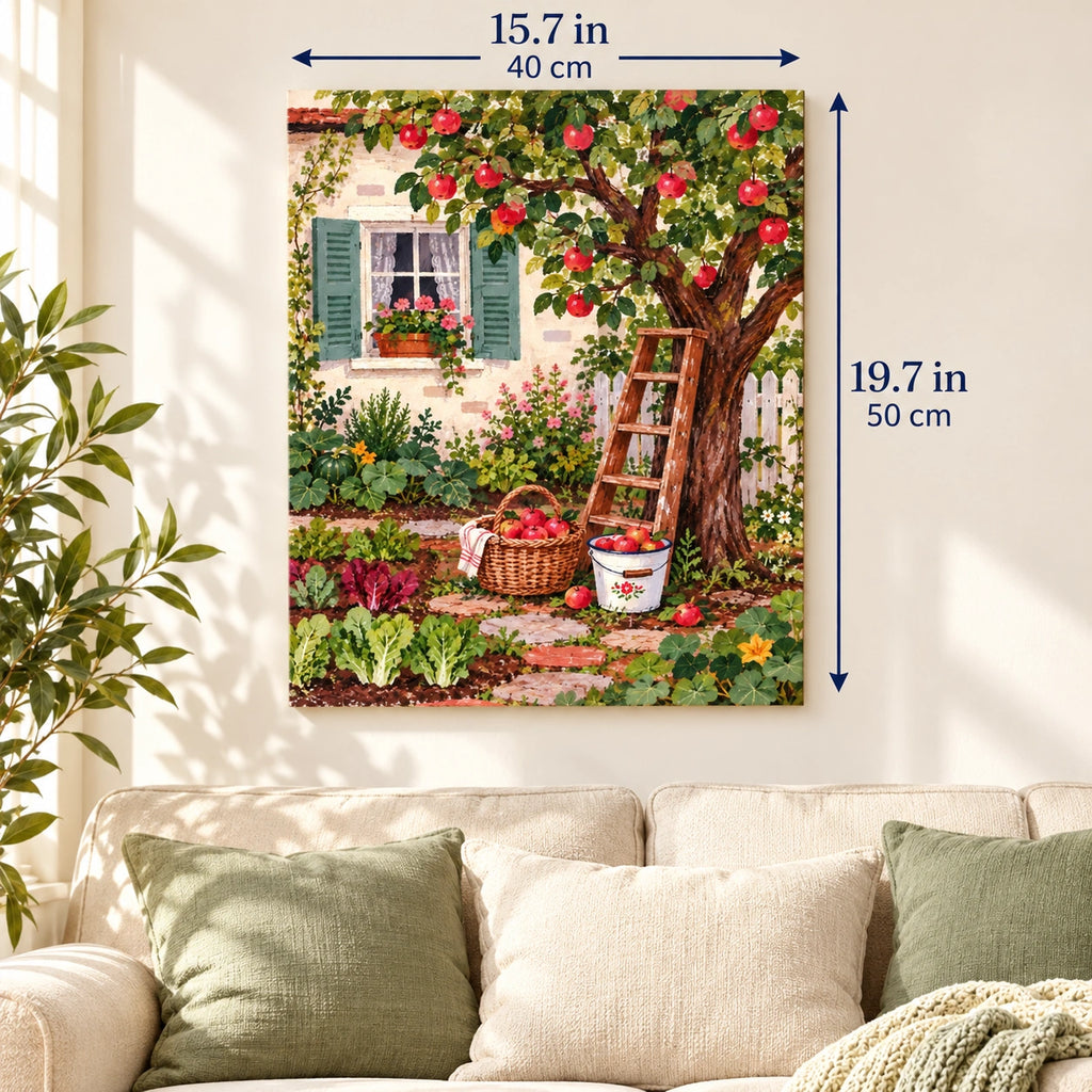 Apple Tree Cottage Garden canvas in a styled room, 15.7 × 19.7 in / 40 × 50 cm.