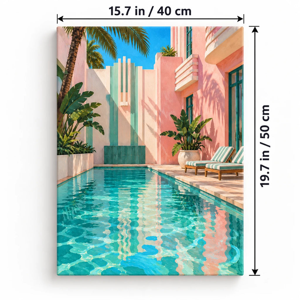 Portrait 40 × 50 cm size guide for the art deco miami pool paint by numbers kit.
