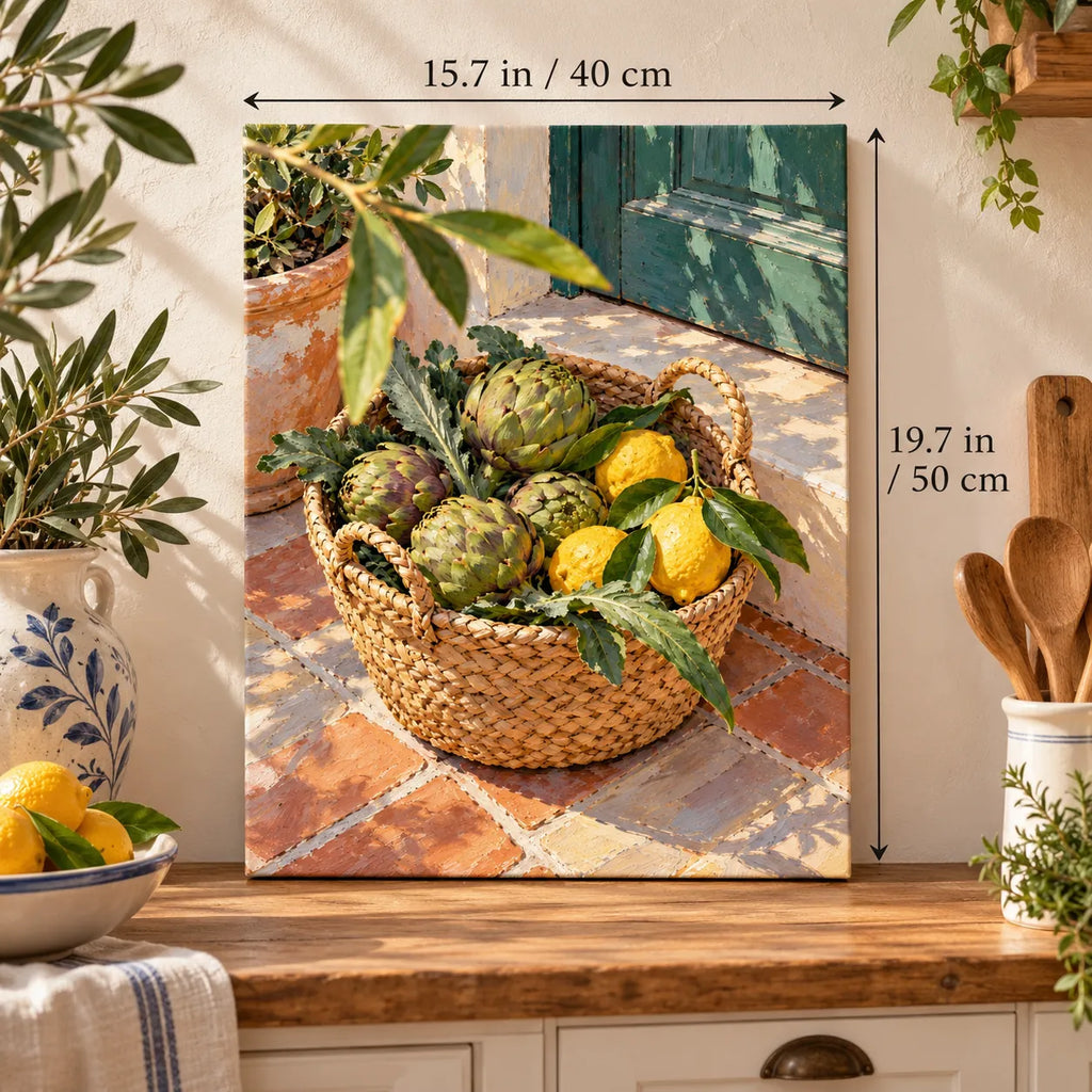 `03-artichokes-lemons-market-basket-size-guide.webp` — Portrait size guide for the Artichokes Lemons Market Basket paint by numbers kit, 15.7 × 19.7 in (40 × 50 cm).