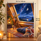 `03-attic-stargazing-telescope-size-guide.webp` — Portrait size guide for the Attic Stargazing Telescope paint by numbers kit, 15.7 × 19.7 in (40 × 50 cm).
