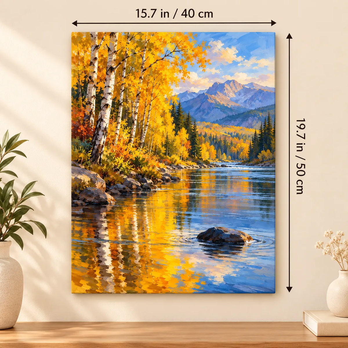 Autumn Birch River shown in a styled room with 15.7 × 19.7 in and 40 × 50 cm dimensions