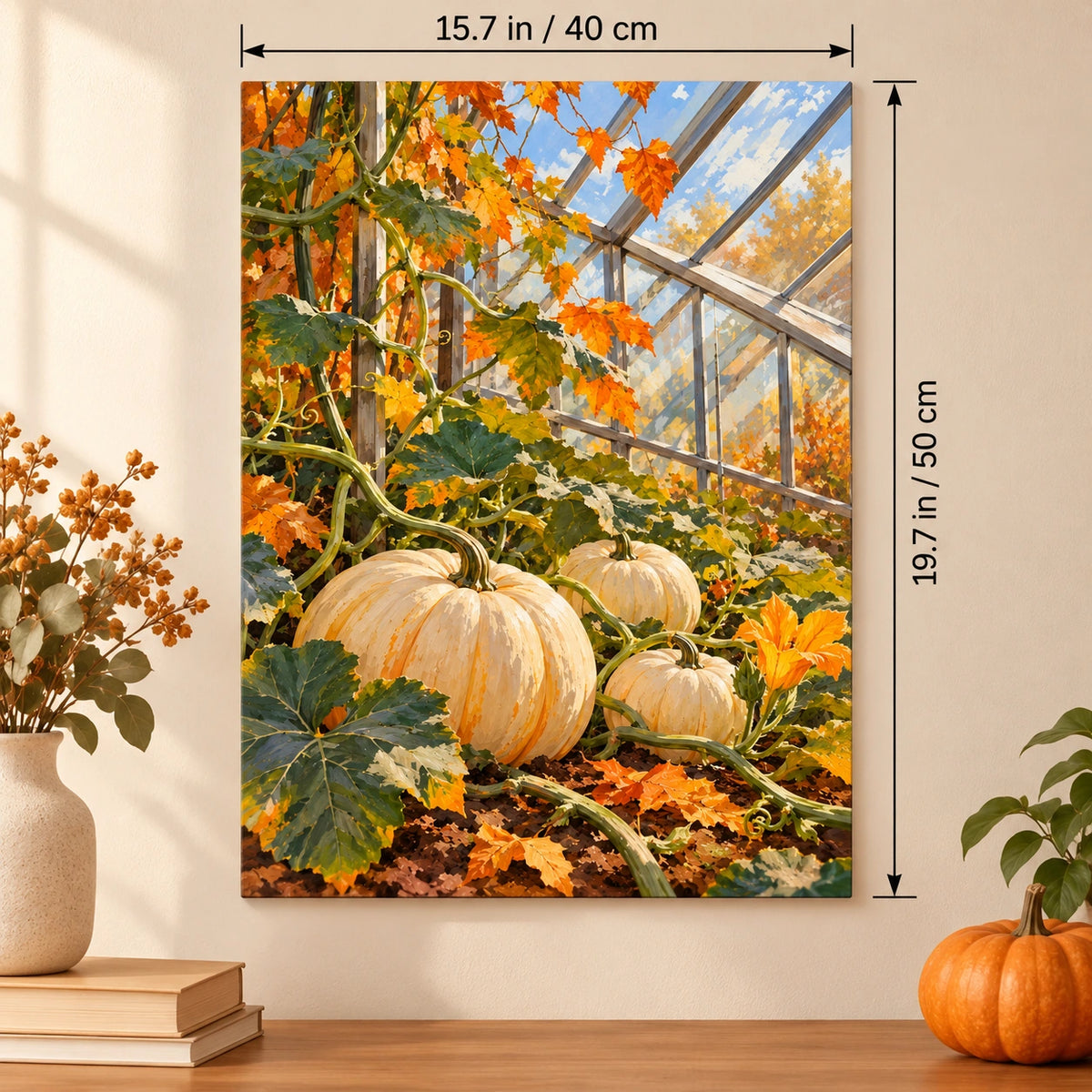 Portrait pumpkin greenhouse canvas with size labels of 15.7 by 19.7 inches (40 by 50 cm).