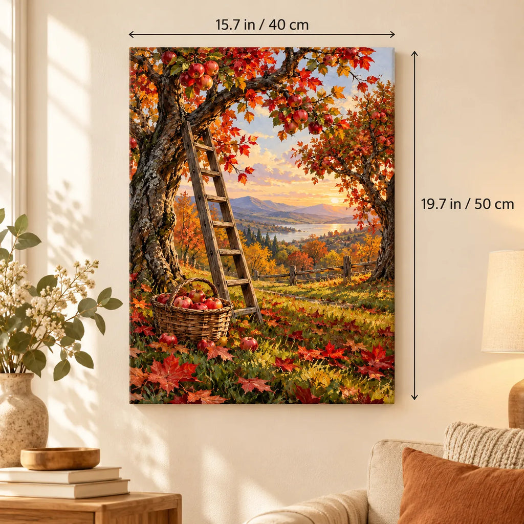 Autumn Orchard Ladder Apples Paint by Numbers Kit shown in a styled room, sized 15.7 × 19.7 in (40 × 50 cm).