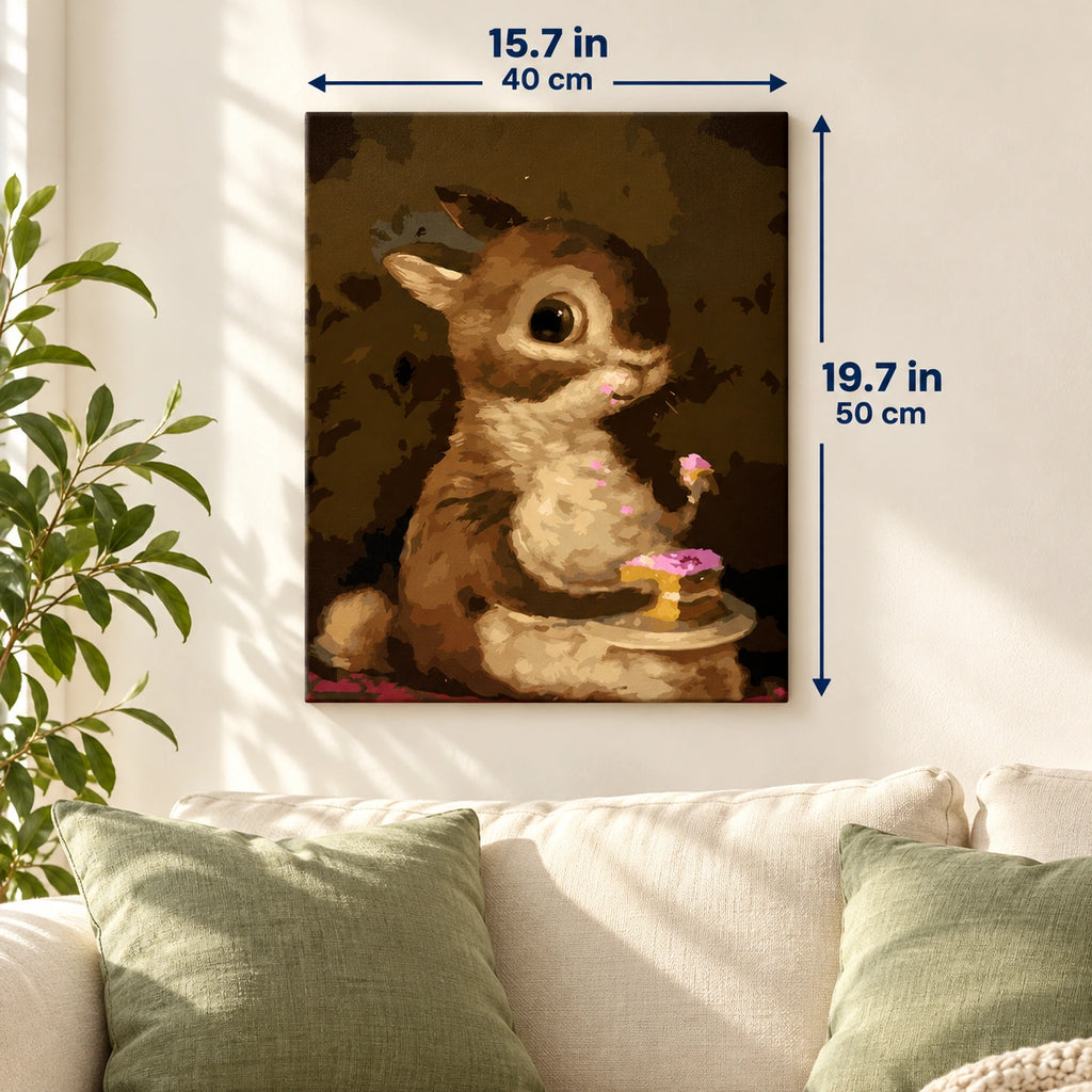 Baby Rabbit with Pink Frosted Cake canvas in a styled room, 15.7 × 19.7 in / 40 × 50 cm.