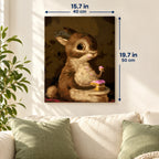 Baby Rabbit with Pink Frosted Cake canvas in a styled room, 15.7 × 19.7 in / 40 × 50 cm.