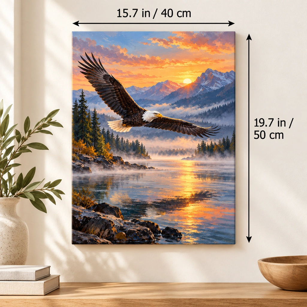 40 × 50 cm (15.7 × 19.7 in) size guide for Bald Eagle over a Lake at Sunset paint by numbers kit
