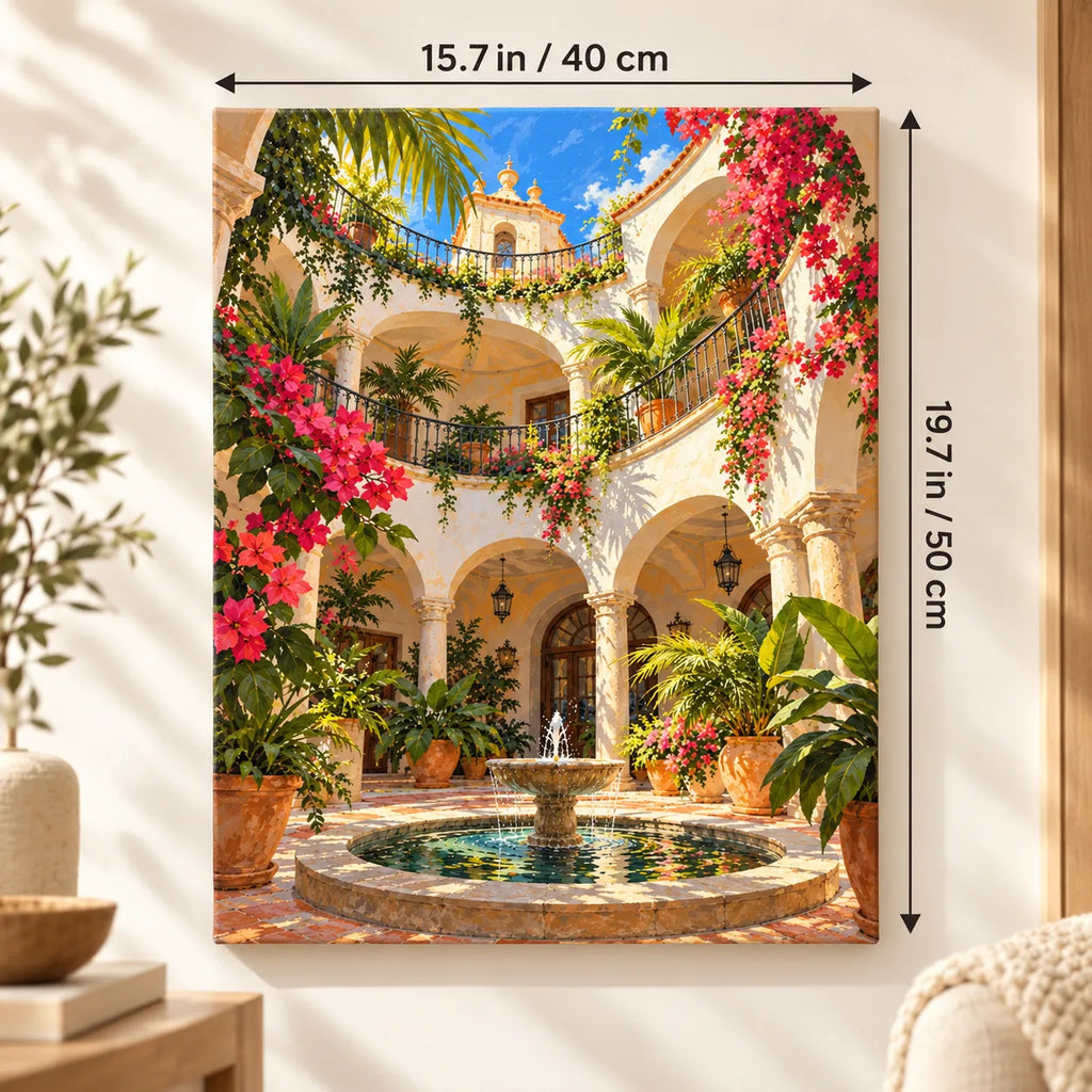 `03-barcelona-bougainvillea-courtyard-fountain-size-guide.webp` — Portrait size guide for the courtyard paint by numbers canvas, 15.7 × 19.7 in (40 × 50 cm).