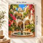 `03-barcelona-bougainvillea-courtyard-fountain-size-guide.webp` — Portrait size guide for the courtyard paint by numbers canvas, 15.7 × 19.7 in (40 × 50 cm).