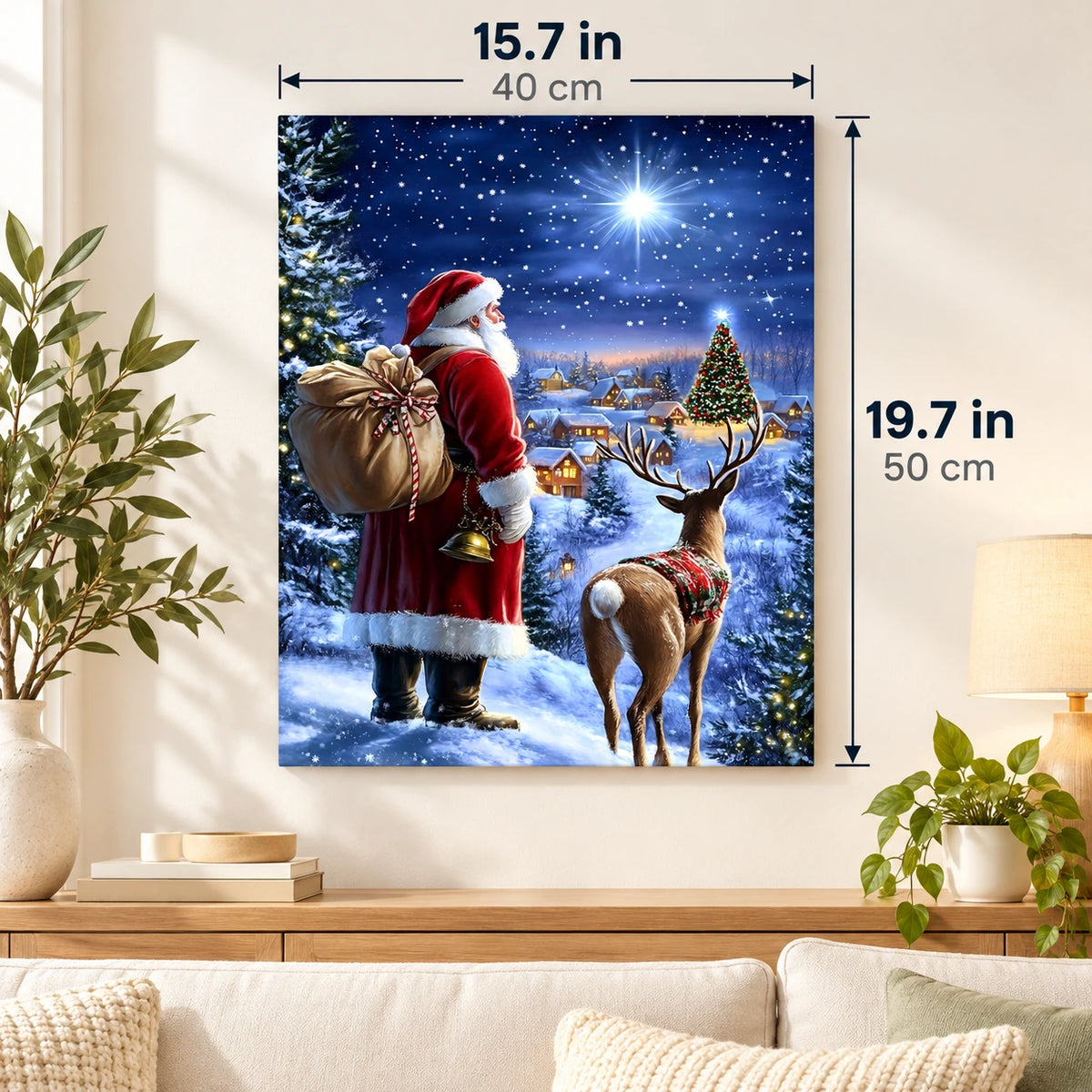 Beneath the Christmas Star paint by numbers canvas displayed in a bright living room, 15.7 × 19.7 in / 40 × 50 cm