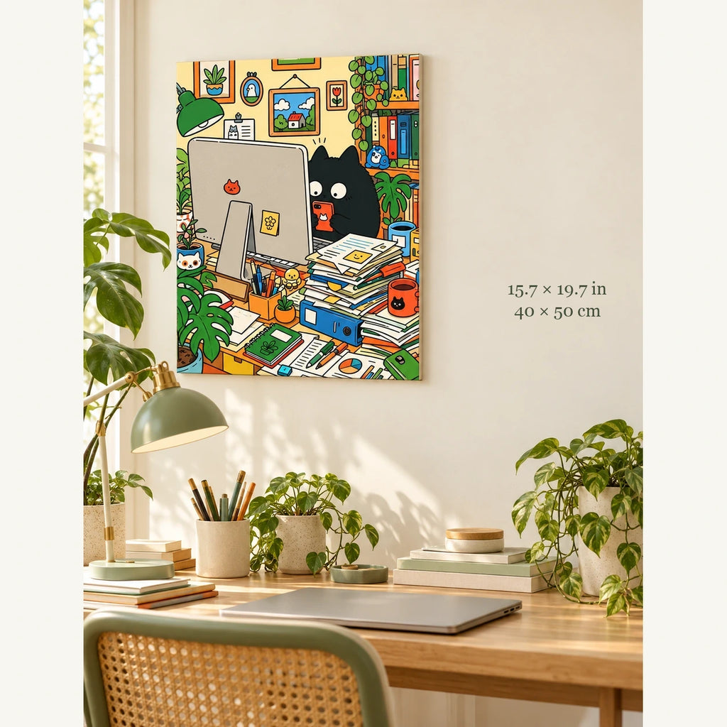 Black Cat Busy Office Desk shown in a styled room with 15.7 x 19.7 in and 40 x 50 cm dimensions