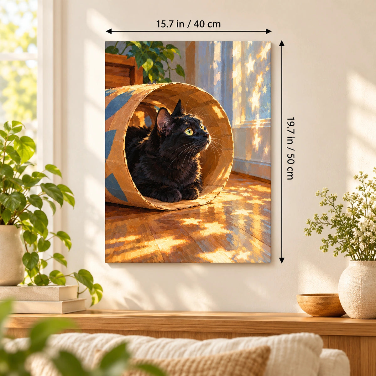 40 × 50 cm (15.7 × 19.7 in) size guide for Black Cat Wicker Tunnel paint by numbers kit