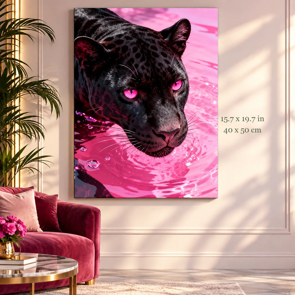 Black Panther in Hot Pink Water paint by numbers canvas in a styled room with 15.7 x 19.7 in and 40 x 50 cm dimensions