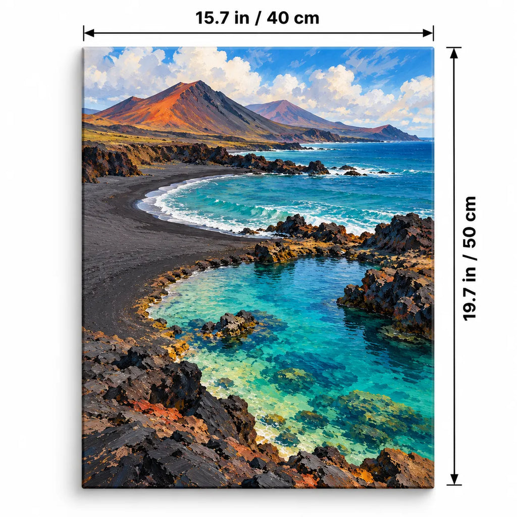 Portrait 40 × 50 cm size guide for the black sand volcanic coast paint by numbers kit.