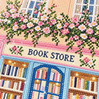 Close-up of faceted resin drills on the bookshop design, diamond painting kit