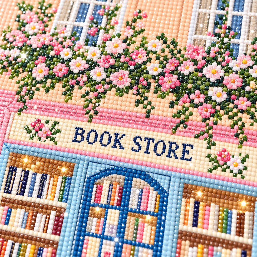 Close-up of faceted resin drills on the bookshop design, diamond painting kit