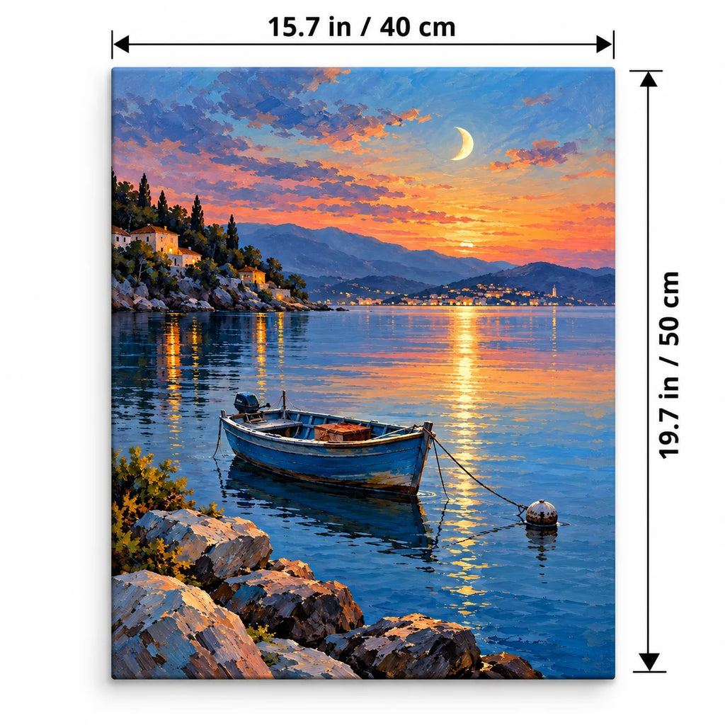 Portrait 40 × 50 cm size guide for the blue fishing skiff moonrise paint by numbers kit.