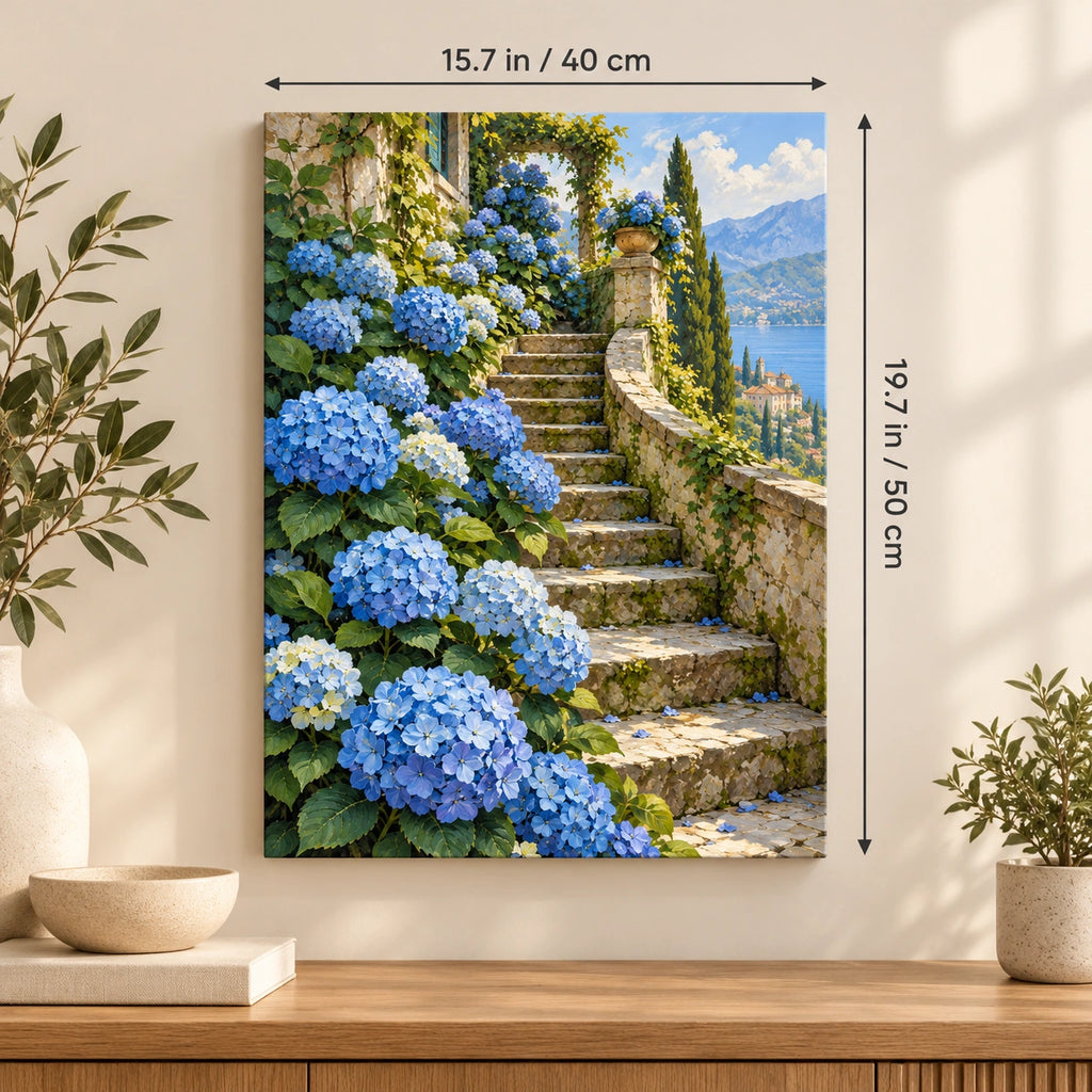 Portrait blue hydrangea canvas with size labels of 15.7 by 19.7 inches (40 by 50 cm).