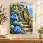 Portrait blue hydrangea canvas with size labels of 15.7 by 19.7 inches (40 by 50 cm).