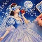 Diamond painting process showing a blue moon floral bride being completed with a stylus