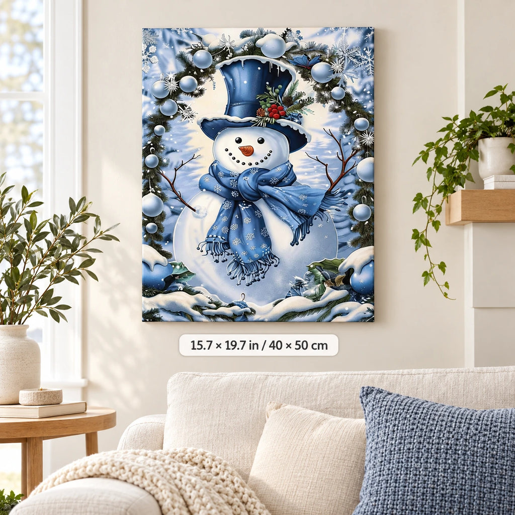 Blue Scarf Snowman paint by numbers canvas displayed in a bright living room, 15.7 × 19.7 in / 40 × 50 cm
