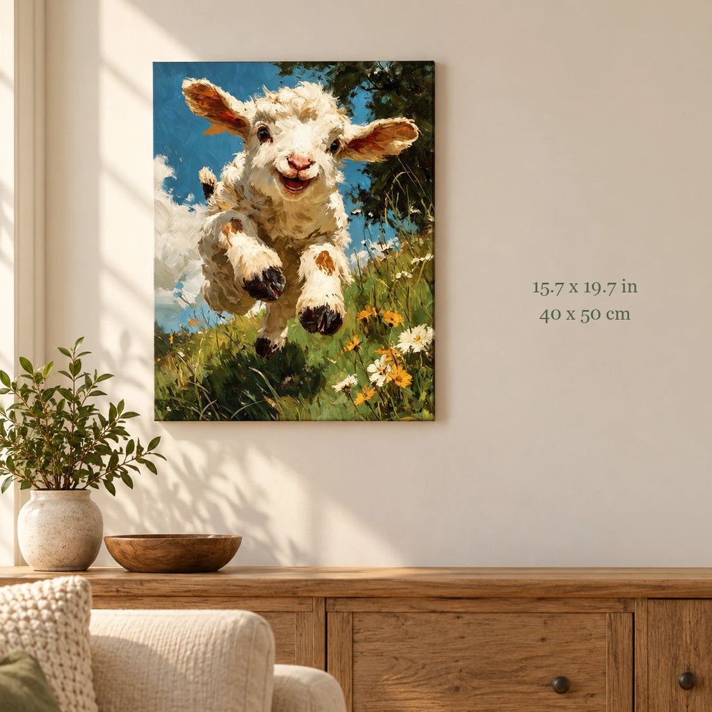 Blue Sky Leaping Lamb paint by numbers canvas shown in a styled room with 15.7 x 19.7 in and 40 x 50 cm dimensions