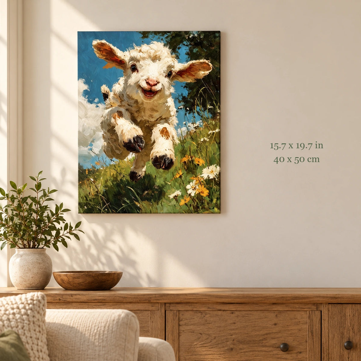 Blue Sky Leaping Lamb paint by numbers canvas shown in a styled room with 15.7 x 19.7 in and 40 x 50 cm dimensions