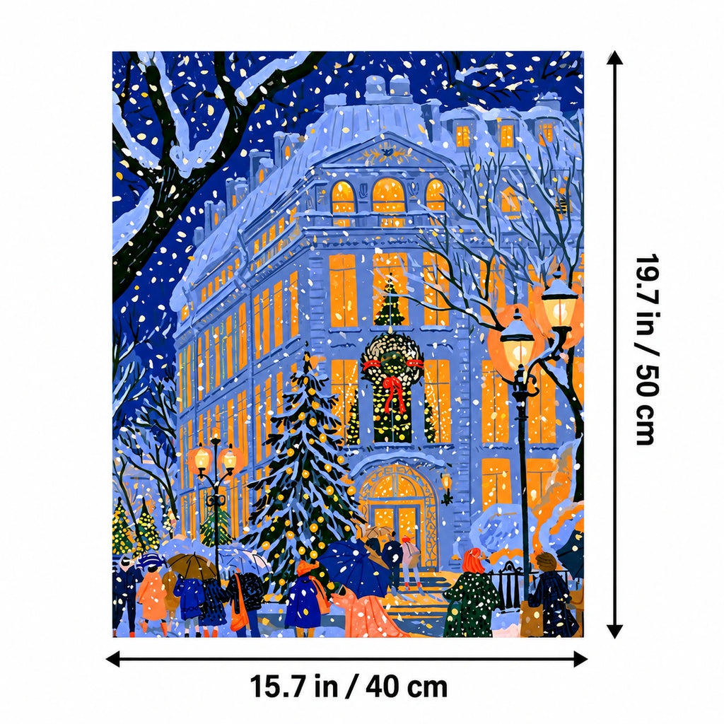 Blue Snowy European Christmas Building canvas in a styled room, 15.7 × 19.7 in / 40 × 50 cm