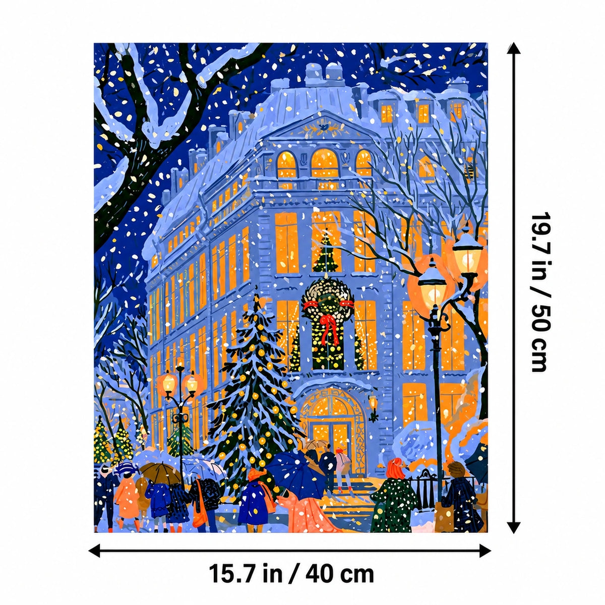 Blue Snowy European Christmas Building canvas in a styled room, 15.7 × 19.7 in / 40 × 50 cm