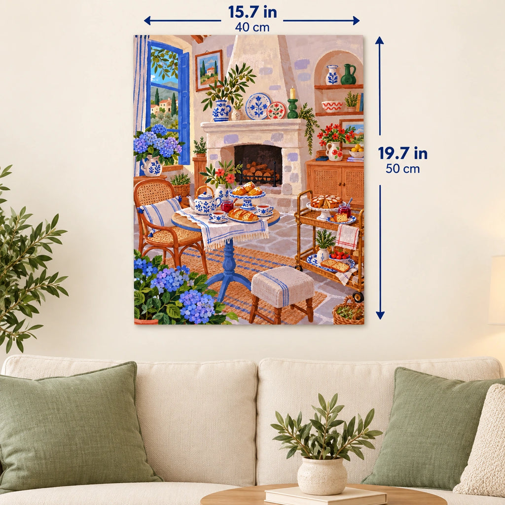 Blue Window Hydrangea Fireplace Tea Room canvas in a styled room, 15.7 × 19.7 in / 40 × 50 cm