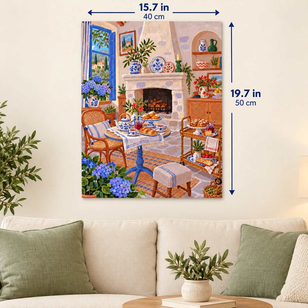 Blue Window Hydrangea Fireplace Tea Room canvas in a styled room, 15.7 × 19.7 in / 40 × 50 cm