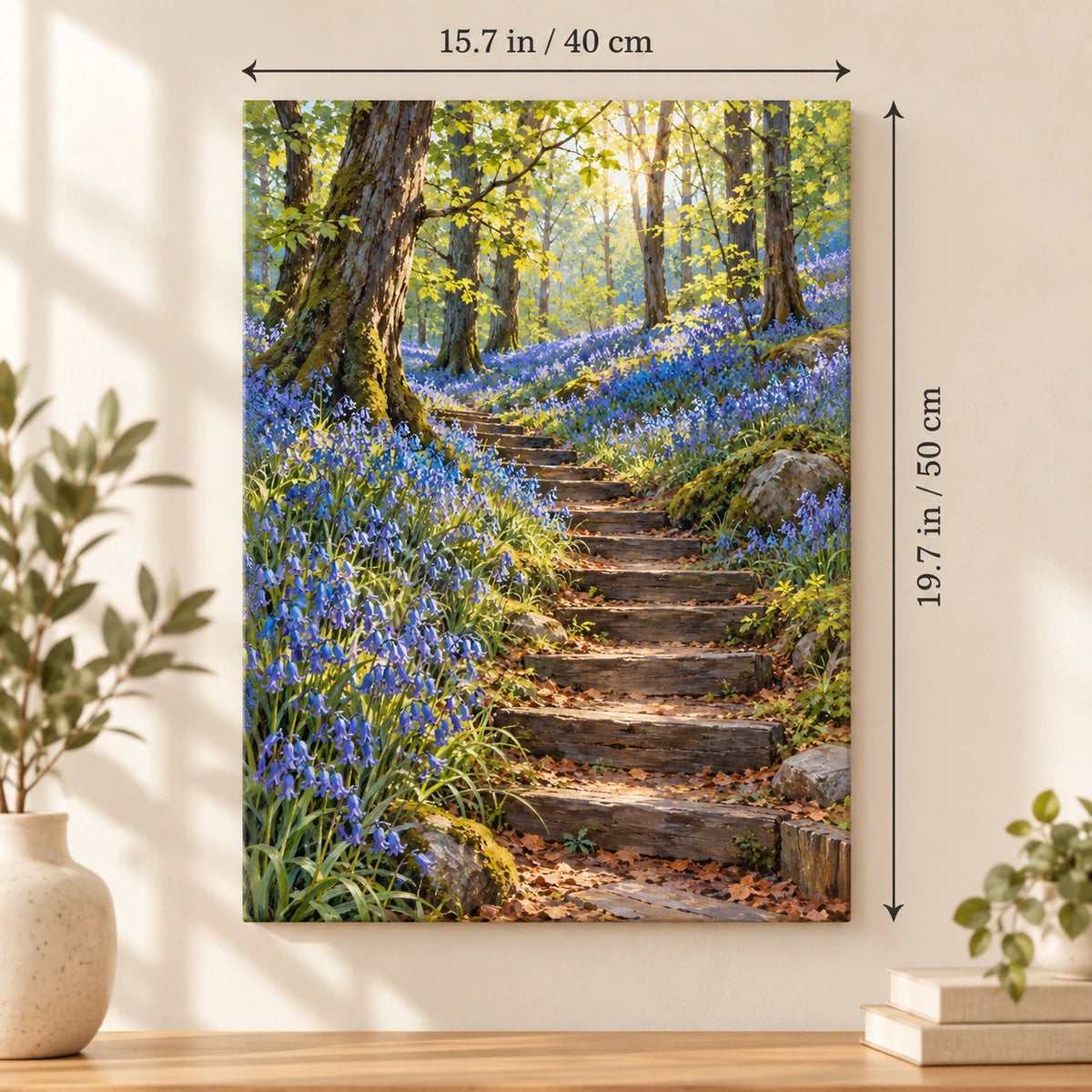 Bluebell Woodland Stone Steps paint by numbers canvas shown in a styled room with 15.7 × 19.7 in (40 × 50 cm) dimensions.