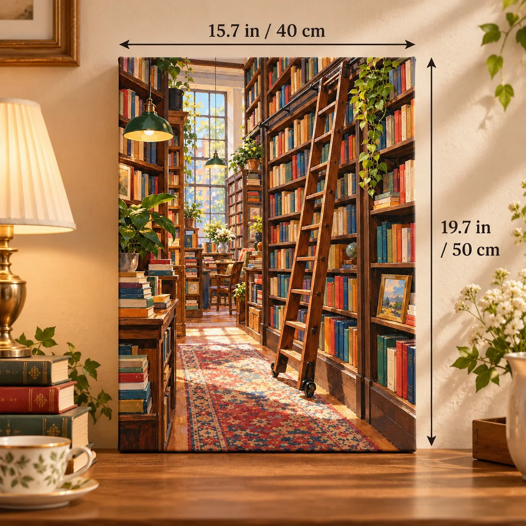 `03-bookshop-ladder-narrow-aisle-size-guide.webp` — Portrait size guide for the Bookshop Ladder Narrow Aisle paint by numbers kit, 15.7 × 19.7 in (40 × 50 cm).