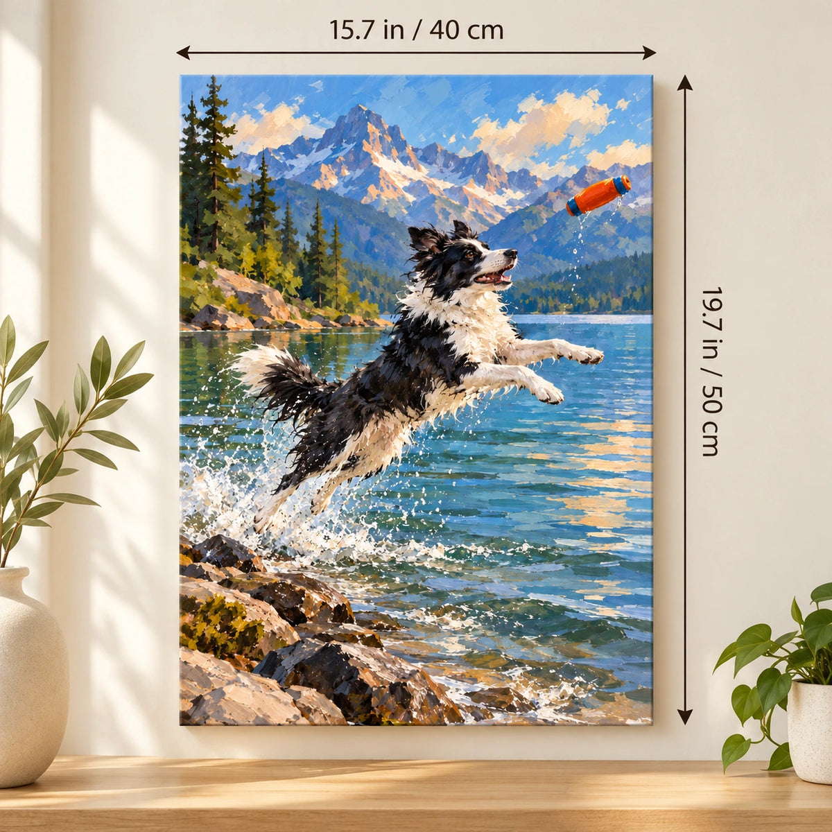 40 × 50 cm (15.7 × 19.7 in) size guide for Border Collie Lake Leap paint by numbers kit