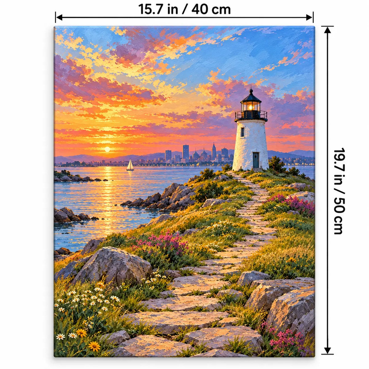 Portrait 40 × 50 cm size guide for the boston lighthouse island path paint by numbers kit.