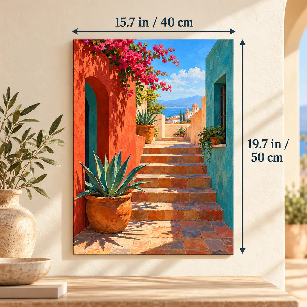 `03-bougainvillea-courtyard-stone-steps-size-guide.webp` — Portrait size guide for the bougainvillea courtyard stone steps paint by numbers kit, 15.7 × 19.7 in (40 × 50 cm).