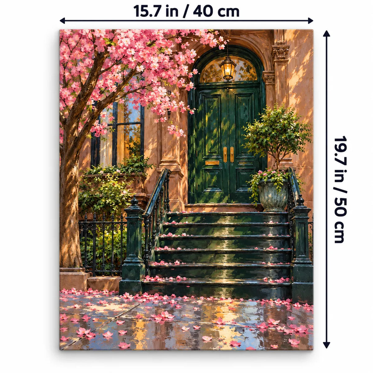Portrait 40 × 50 cm size guide for the brooklyn brownstone spring door paint by numbers kit.